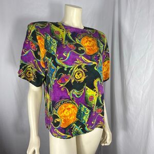 Vintage Pat Argenti 100% Silk Blouse | Baroque Abstract Print | Jewel Tone State